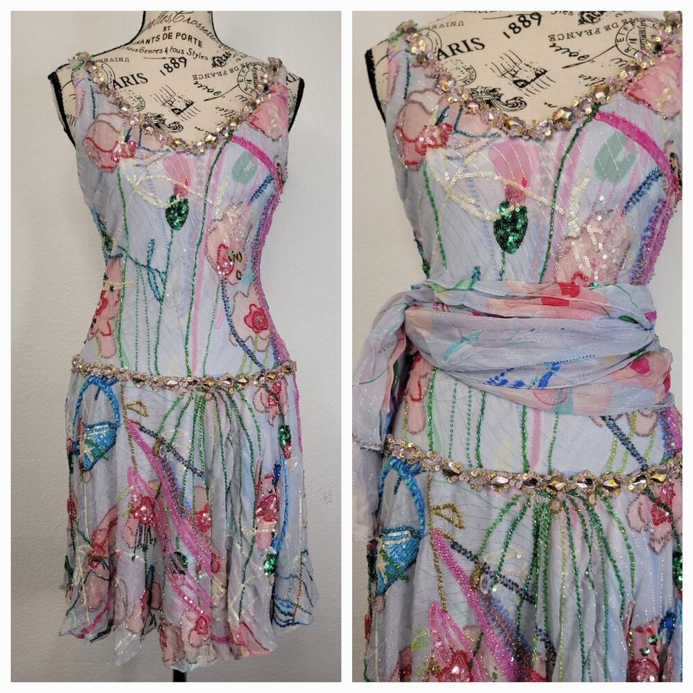 Alberto Makali Silk Beaded Sequin Mini Skater Dress US 4 Drop Waist Fairytale
